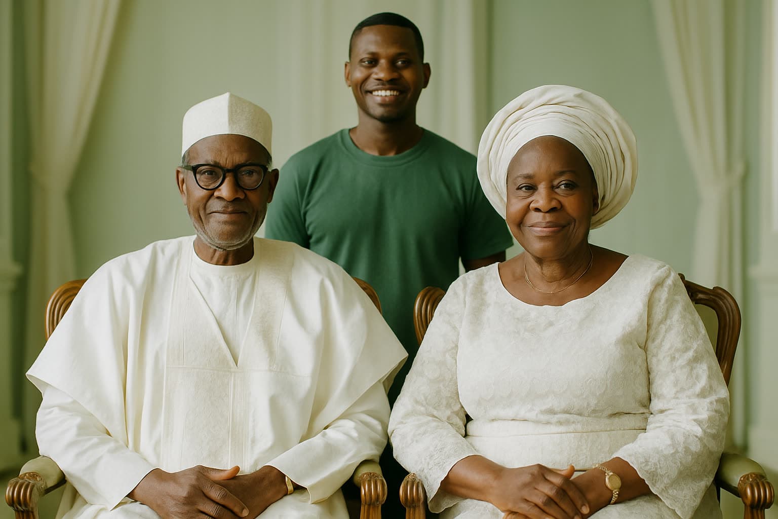 A dignified elderly Nigerian woman and man seated with younger volunteers, warm smiles, clean community setting.